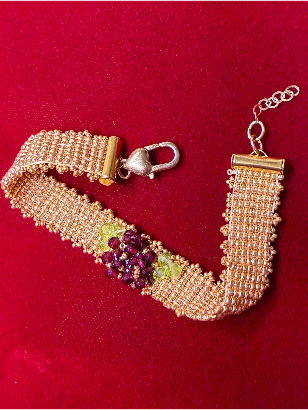Hand woven gold color seed bead bracelet with garnet and crystal floral accent - Picture 8 of 8